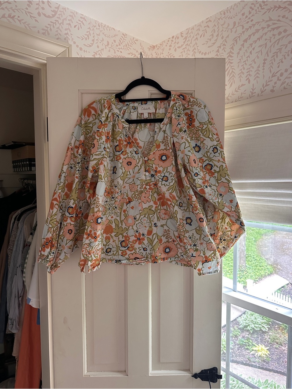 Cleobella Peach Floral V-Neck Peasant Blouse